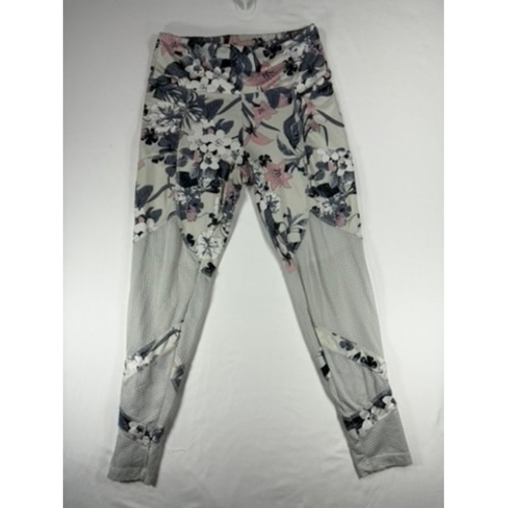Bally Total Fitness Leggings Women M Grey Pink Floral Mesh Pockets High Rise